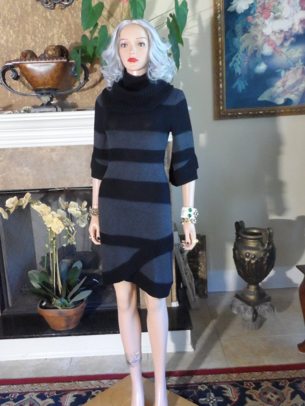 Alice + Olivia Dark Gray & Black Striped Knit Sweater Dress Size S